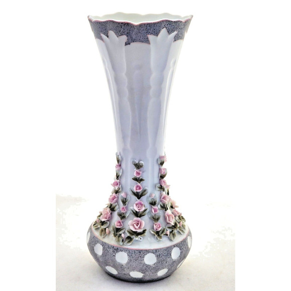 VASE/SHELF DECOR-C. Sadek 6186-Unglazed Porcelain-Molded Flowers-Pink-Gray-10" - Picture 9 of 11